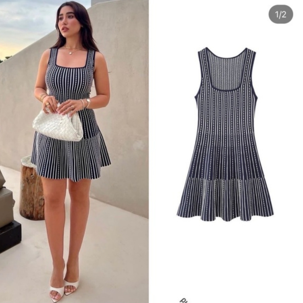 NWT Zara Navy & White Striped Fit & Flare Skater Mini Dress - Small - Picture 2 of 13